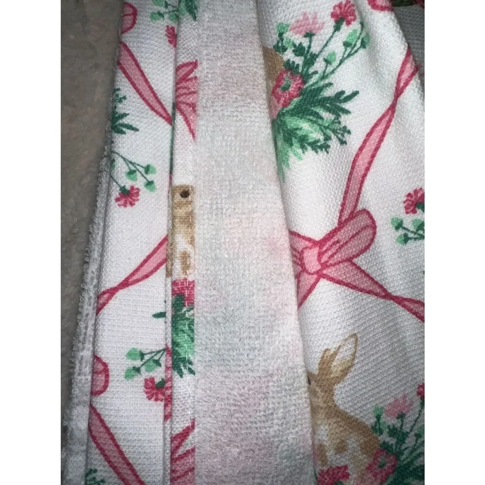 SA Easter Bunny Floral Trellis White Pink Cotton Tea Kitchen Towels Set of 3